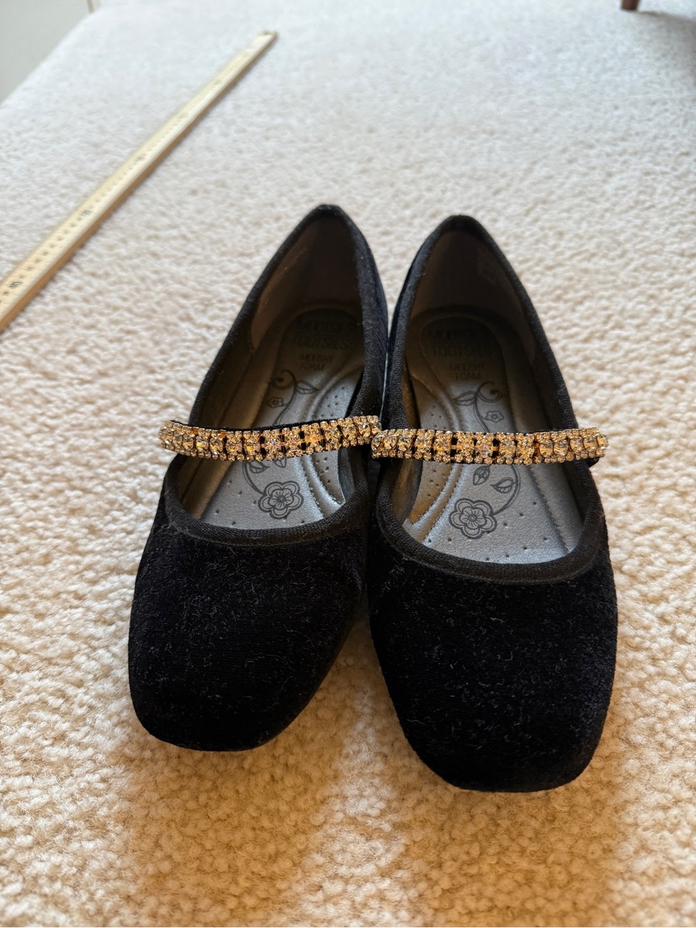 Mootsies Tootsies Black Velvet Mary Jane Flats with Gold Rhinestone Strap